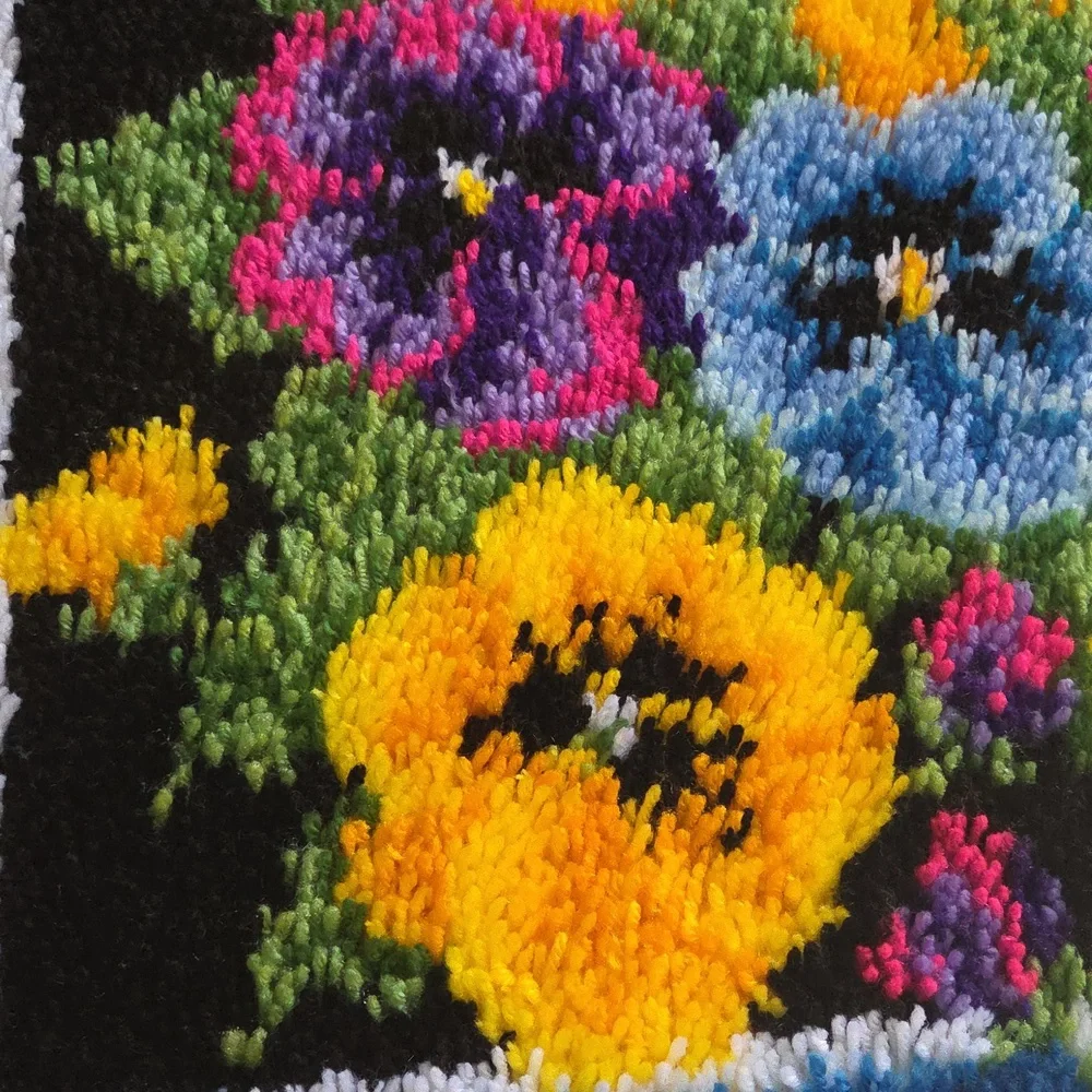 Completed Caron Wonderart Pot of Pansies Rug